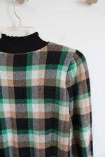 Ann Taylor Black Green & Tan Plaid Ruffled Mock Neck Sweater | M