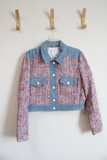House Of Harlow 1960 Red Blue & White Tweed & Denim Cropped Jacket | L
