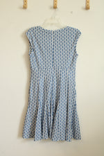 Just Taylor Blue and White Geometric Fit and Flare Dress | 10