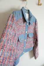 House Of Harlow 1960 Red Blue & White Tweed & Denim Cropped Jacket | L