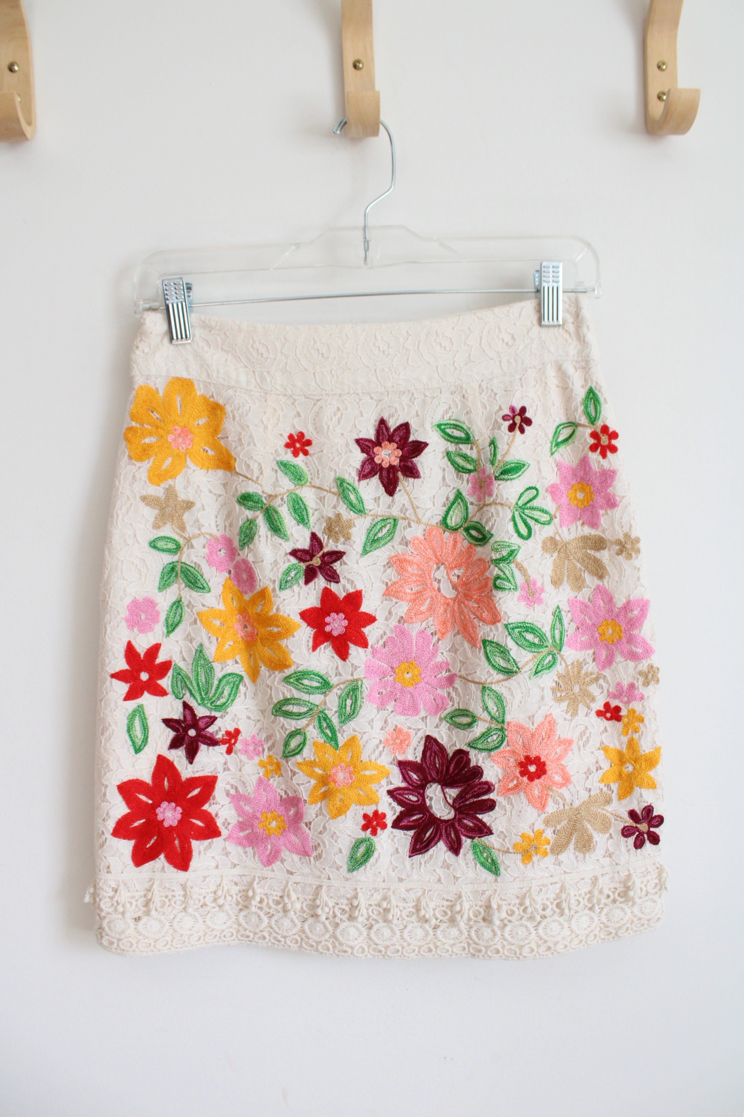 Maeve Anthropologie Ayaka Cream Embroidered Floral Lace Skirt | 2