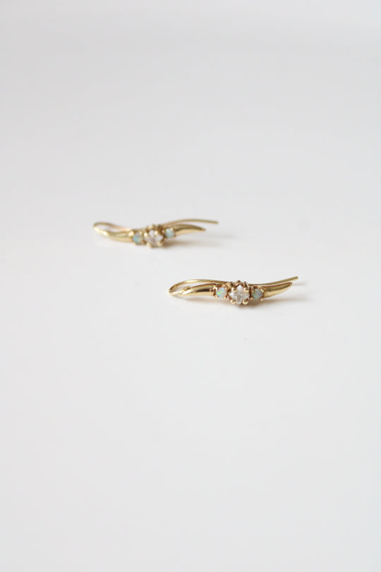 14K Yellow Gold Opal & Clear Stone Wave Earclimber Earrings