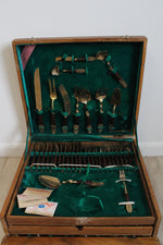 Vintage Thai Etched Bronze & Wood Flatware Set | Set Of 142