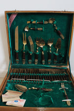 Vintage Thai Etched Bronze & Wood Flatware Set | Set Of 142