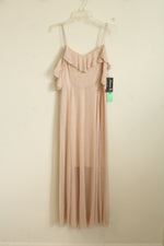 New Alexa B. Nights Gold Shimmer Maxi Dress with Ruffle Cold Shoulder Sleeve | 4-P