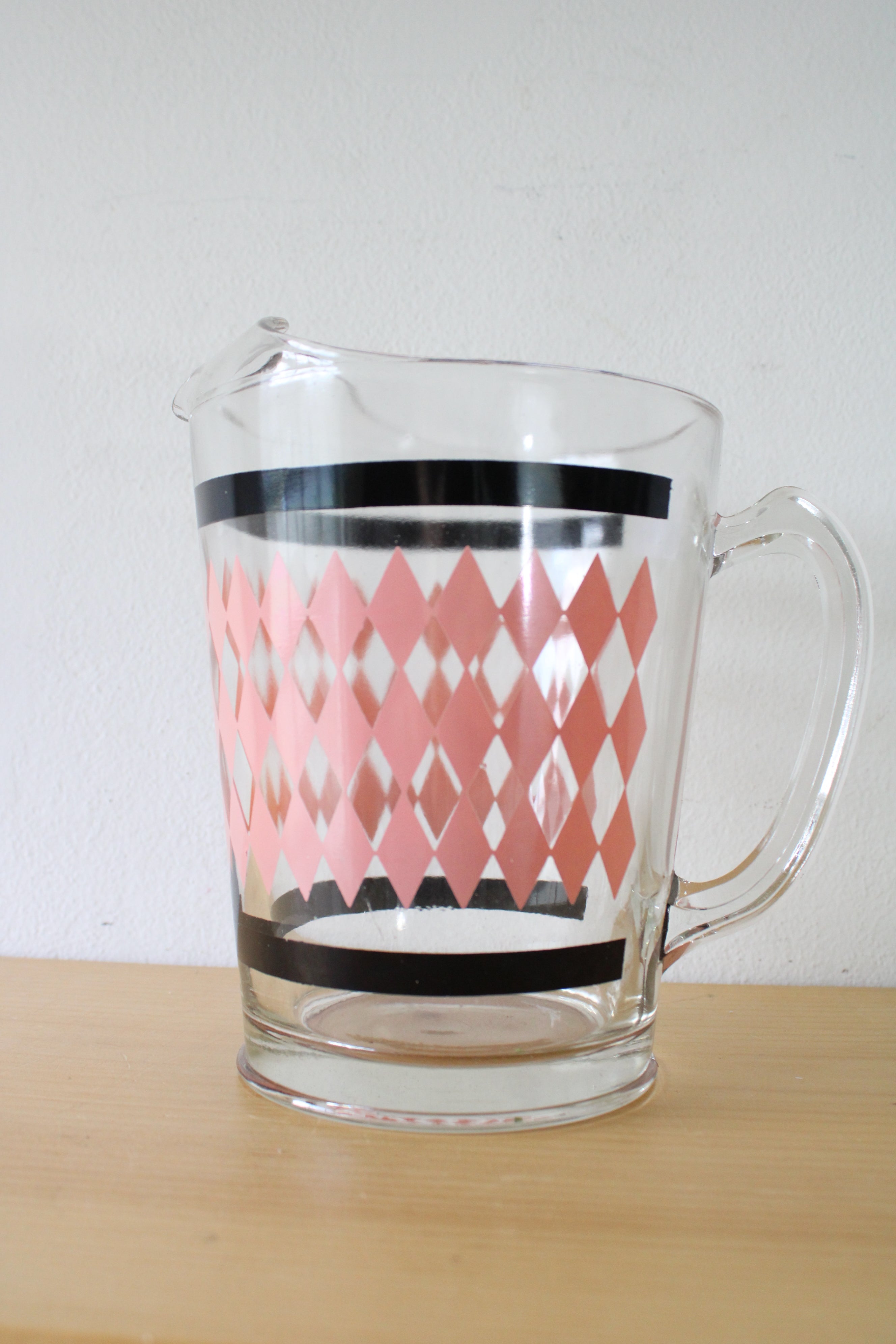 Hazel Atlas Pink & Black Diamond Clear Drink Pitcher