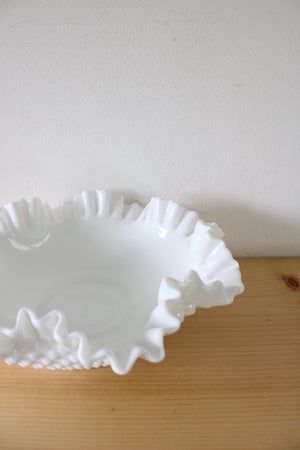 Fenton White Hobnail Large Glass Ruffle Bowl
