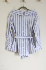 NEW Banana Republic Blue Purple Striped Boat Neck Cotton Belted Top | S