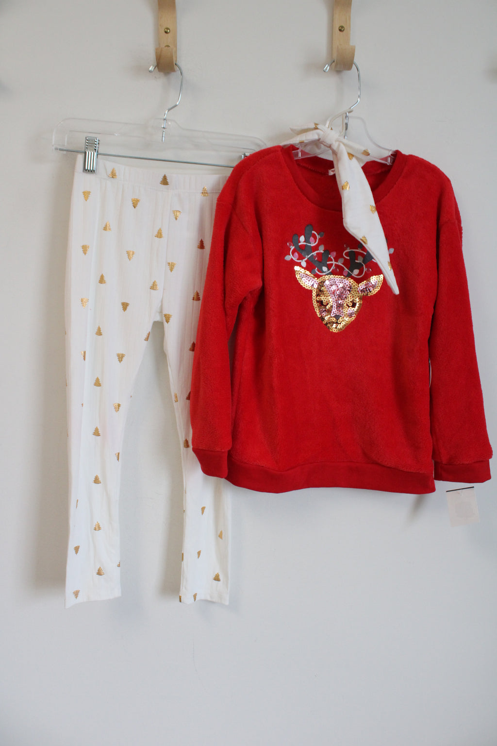 NEW Nanette Kids Red Fleece Christmas Reindeer Top & Gold Tree Legging Set | 6X
