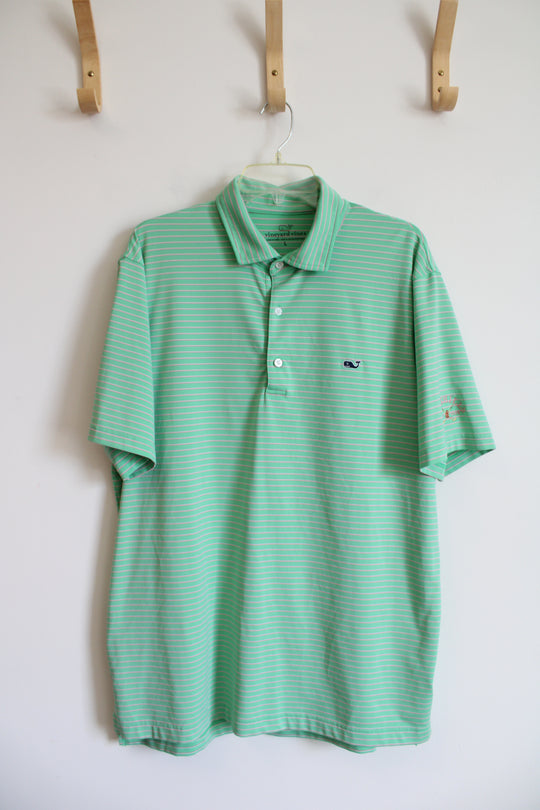 Vineyard Vines Green & Pink Striped Polo Shirt | L