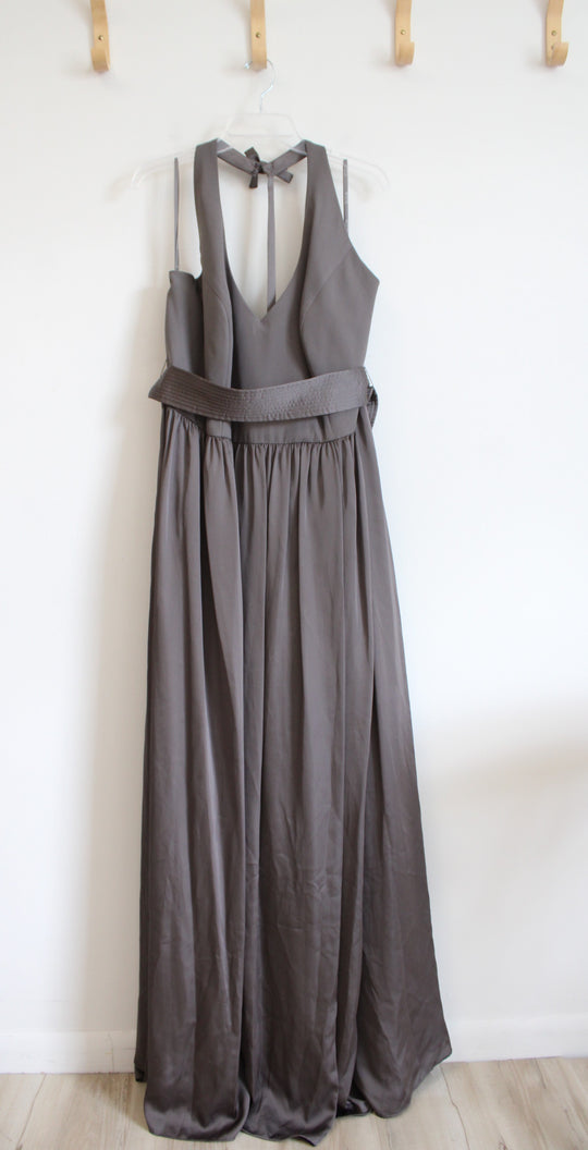 NEW White By Vera Wang Gray Halter Neck Sash Formal Maxi Dress | 24