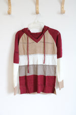 Red Tan & White Striped Hooded Sweater | S