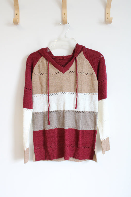 Red Tan & White Striped Hooded Sweater | S