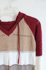 Red Tan & White Striped Hooded Sweater | S