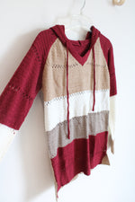 Red Tan & White Striped Hooded Sweater | S