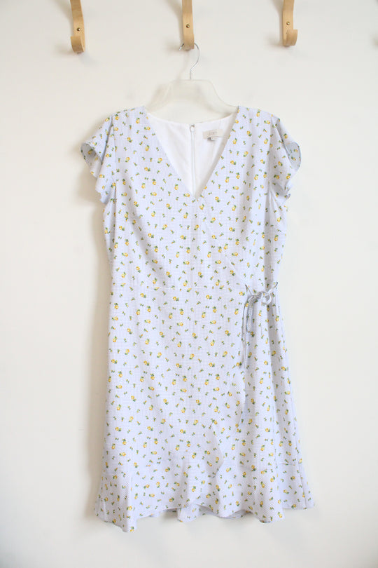 LOFT Blue & White Checkered Yellow Floral Wrap Dress | 10