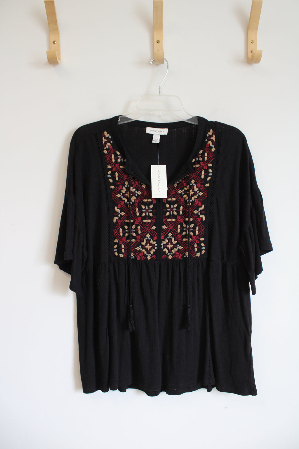 NEW Vintage X America Black Embroidered Tassel Boho Top | L