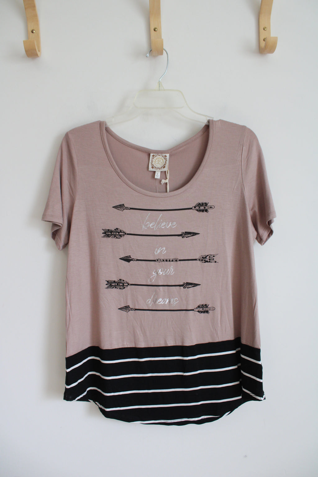 NEW Tru Self Tan Black & White Striped "Believe In Your Dreams" Arrow Top | S