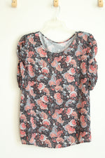 Loft Outlet Gray and Coral Floral Paisley Ruched Sleeve Top | L