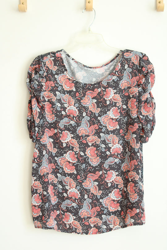 Loft Outlet Gray and Coral Floral Paisley Ruched Sleeve Top | L