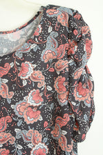 Loft Outlet Gray and Coral Floral Paisley Ruched Sleeve Top | L