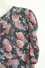 Loft Outlet Gray and Coral Floral Paisley Ruched Sleeve Top | L