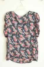 Loft Outlet Gray and Coral Floral Paisley Ruched Sleeve Top | L