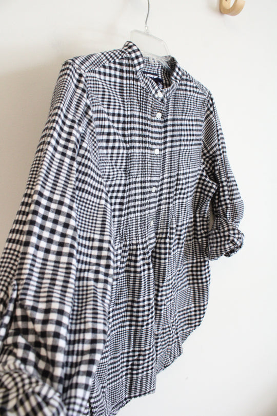 Lands' End Black & White Plaid 1/4 Button Top | 12P