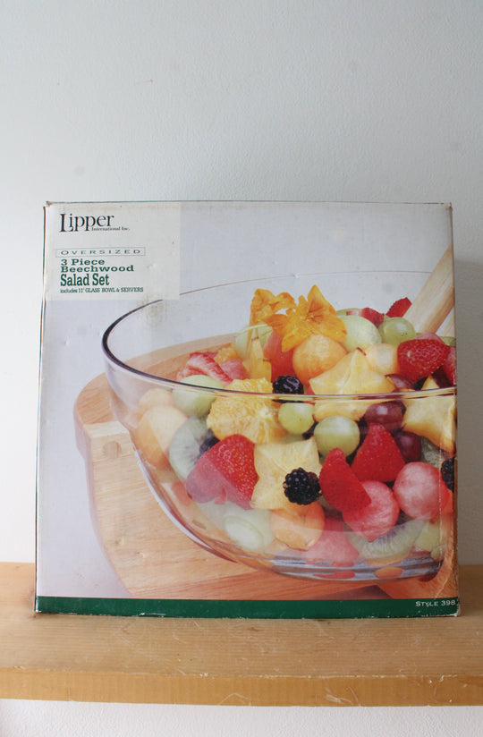 Lipper International Oversized 3-Piece Beechwood & Glass Salad Set