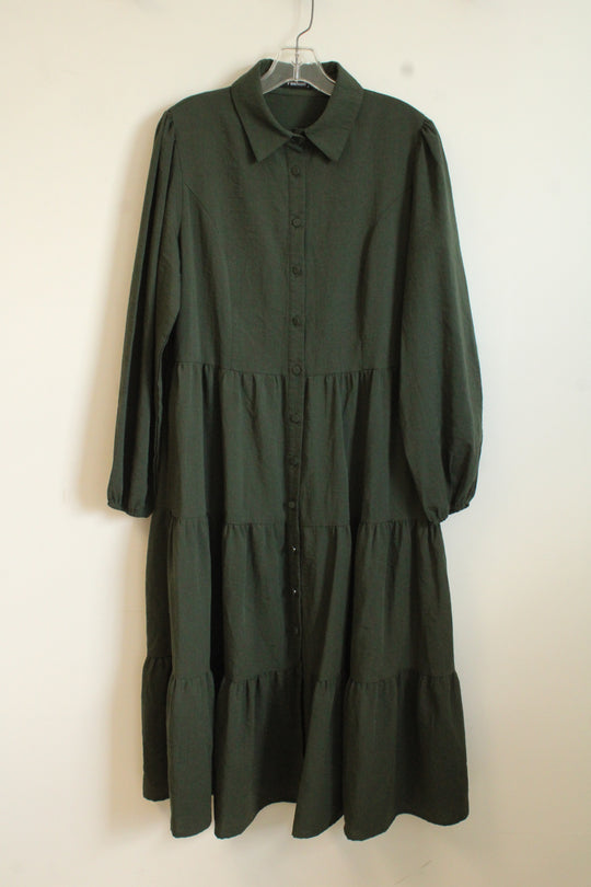 Dark green LS Button Down Layered Dress | L