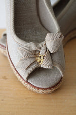 Tory Burch Jackie Glitter Beige Canvas Espadrille Wedge Pumps | Size 6.5