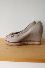 Tory Burch Jackie Glitter Beige Canvas Espadrille Wedge Pumps | Size 6.5