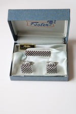 Foster Checkered Silver Cuff Links & Tie Clip