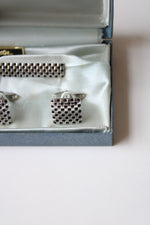 Foster Checkered Silver Cuff Links & Tie Clip