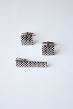 Foster Checkered Silver Cuff Links & Tie Clip