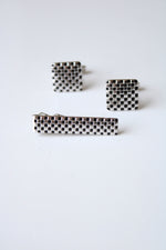 Foster Checkered Silver Cuff Links & Tie Clip