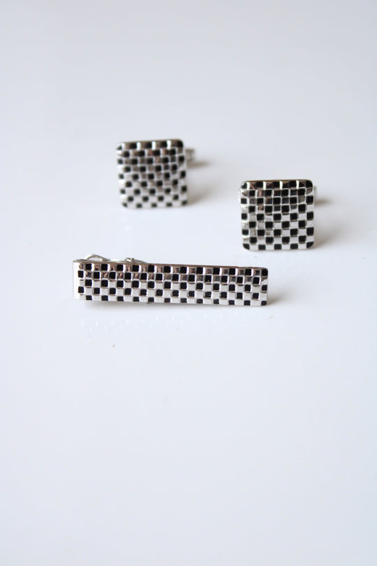 Foster Checkered Silver Cuff Links & Tie Clip