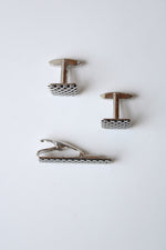 Foster Checkered Silver Cuff Links & Tie Clip