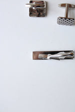 Foster Checkered Silver Cuff Links & Tie Clip