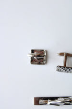 Foster Checkered Silver Cuff Links & Tie Clip