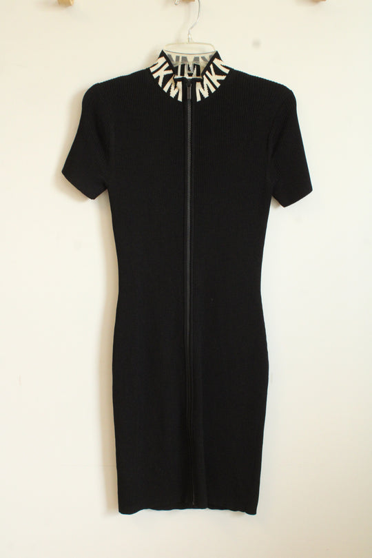Michael Kors Black Ribbed Zip Front with Logo Collar Dress | S
