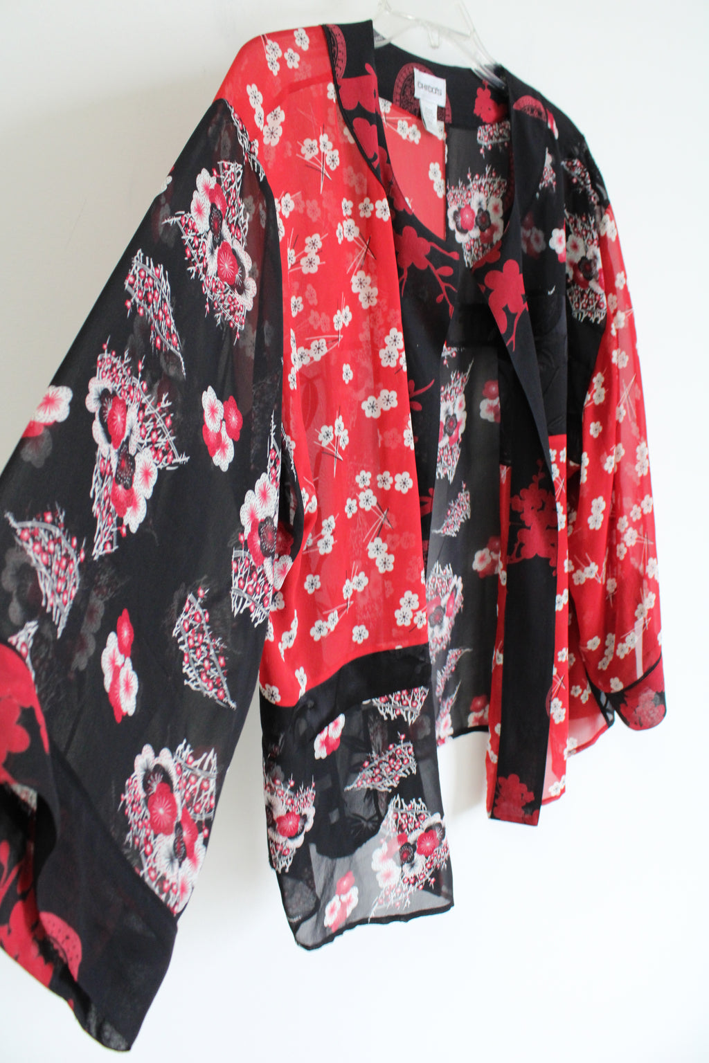 Chico's Silk Sheer Black & Red Patterned Cardigan | 2 (L/12)