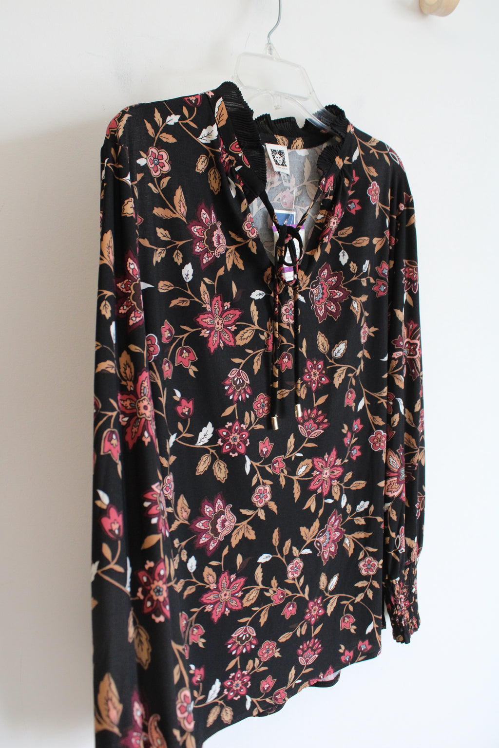 NEW Anne Klein Black Tan & Pink Floral Top | 2X