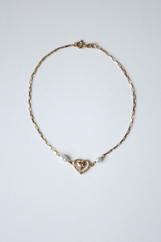 14K Yellow Gold Heart Rice Pearl Anklet