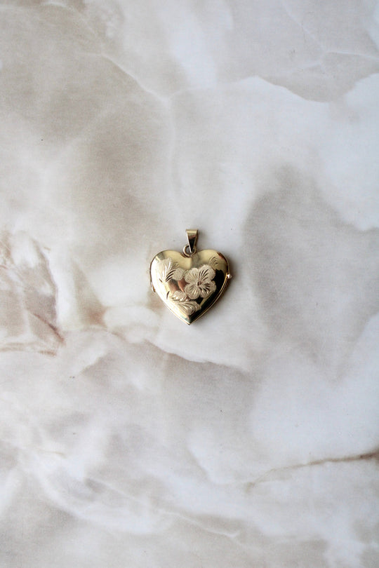 Flower Etched 14KT Yellow Gold Heart Locket Pendant