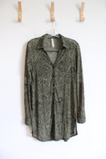 NY Collection Green & Black Patterned Button Down Sheer Tunic Top | S
