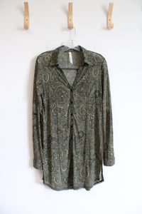 NY Collection Green & Black Patterned Button Down Sheer Tunic Top | S