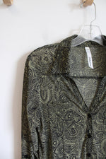 NY Collection Green & Black Patterned Button Down Sheer Tunic Top | S