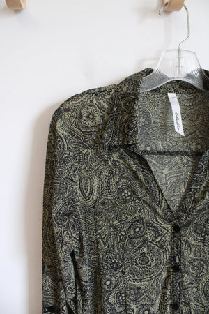 NY Collection Green & Black Patterned Button Down Sheer Tunic Top | S