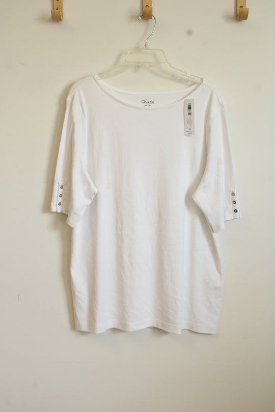 New Chico's White SS Top with Silver Sleeve Buttons | XL